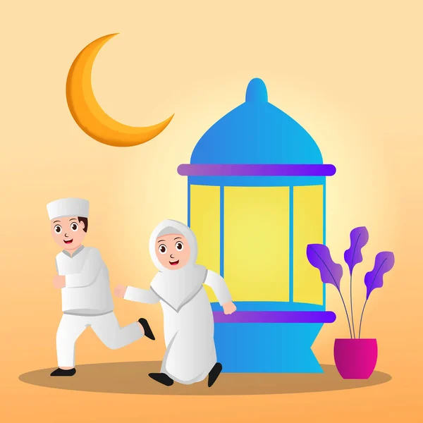 Ilustracja Wektorowa Grafika Pary Muzułmańskiej Która Ucieka Idealny Ilustracji Ramadan — Wektor stockowy