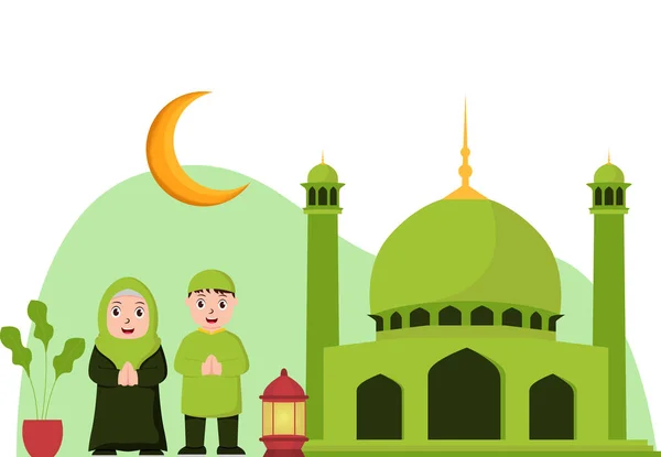 Vektorgrafik Von Eid Mubarak Mit Muslimischem Paar Perfekt Für Ramadan — Stockvektor