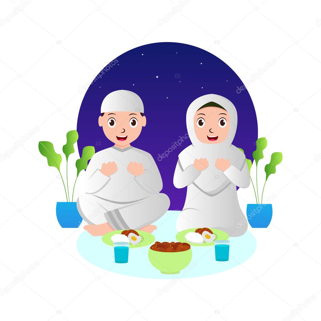 vector illustration graphic of Muslim couple who are iftar party. Perfect for ramadan posters, infografis, ui, ux. vector illustration