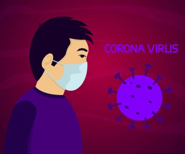 Genç Asyalı Adam ve Coronavirus 2019-nCoV konsepti. Wuhan Coronavirus 2020. Coronavirus 'u önlemek için koruyucu maske takan genç bir adam.