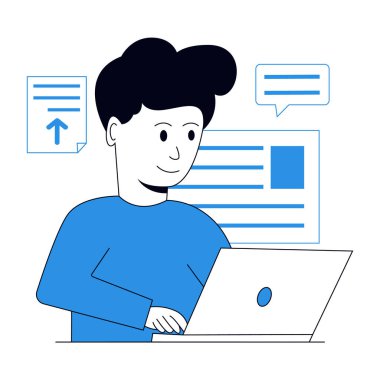 Beyaz arka planda dizüstü bilgisayarla çalışan işadamının vektör illüstrasyonu