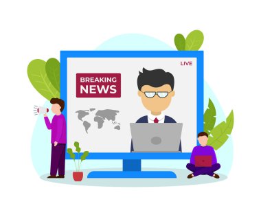 Gadget 'ta haber yayınının vektör çizelgesi. Adam cihaz hakkında haber arıyor. Posterler ve bilgi grafikleri için iyidir. Vektör illüstrasyonu