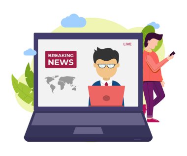 Gadget 'ta haber yayınının vektör çizelgesi. Adam cihaz hakkında haber arıyor. Posterler ve bilgi grafikleri için iyidir. Vektör illüstrasyonu