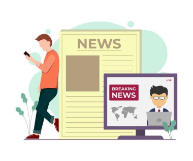 Gadget 'ta haber yayınının vektör çizelgesi. Adam cihaz hakkında haber arıyor. Posterler ve bilgi grafikleri için iyidir. Vektör illüstrasyonu