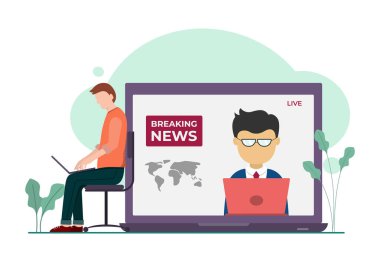 Gadget 'ta haber yayınının vektör çizelgesi. Adam cihaz hakkında haber arıyor. Posterler ve bilgi grafikleri için iyidir. Vektör illüstrasyonu