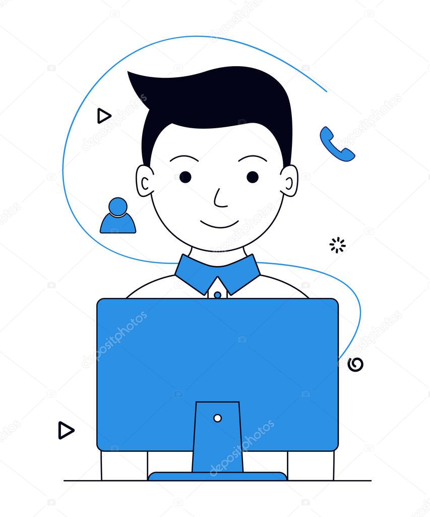 Vector illustration of businessman working at desk with pc on white background