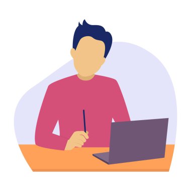 İş adamı iş yerinde düşünür. Bilgisayarda çalışan genç bir adam. vektör illüstrasyonu