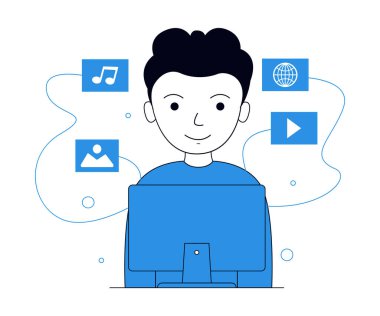 İş yerinde çalışan bir iş adamı. Genç adam bilgisayarda çalışıyor. vektör illüstrasyonu