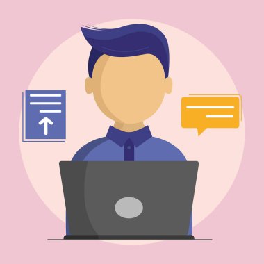 İş yerinde çalışan bir iş adamı. Genç adam bilgisayarda çalışıyor. vektör illüstrasyonu