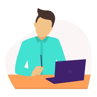 İş adamı iş yerinde düşünür. Bilgisayarda çalışan genç bir adam. vektör illüstrasyonu