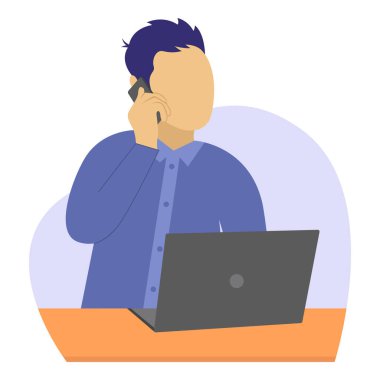 Telefon vektörü karakterleriyle iletişim ve sohbet. Genç adam telefon görüşmesinin illüstrasyonu. İş yerinde çalışan bir iş adamı. Genç adam bilgisayarda çalışıyor. vektör illüstrasyonu