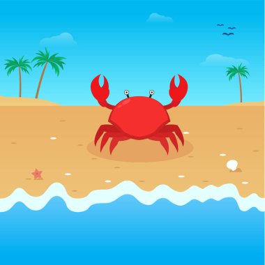 Plajda düz bir vektör tasarımı. Yengeç tasviri