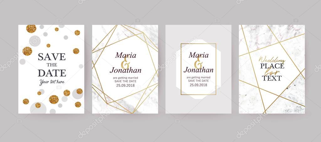 Marble gold texture card, frame or invitation. Grey grunge background