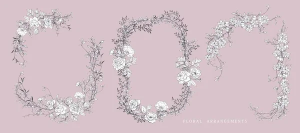 Blumenstrauß-Design. Hochzeitsanordnung. Botanischer Rahmen. Handgezeichnete Blumen. — Stockvektor