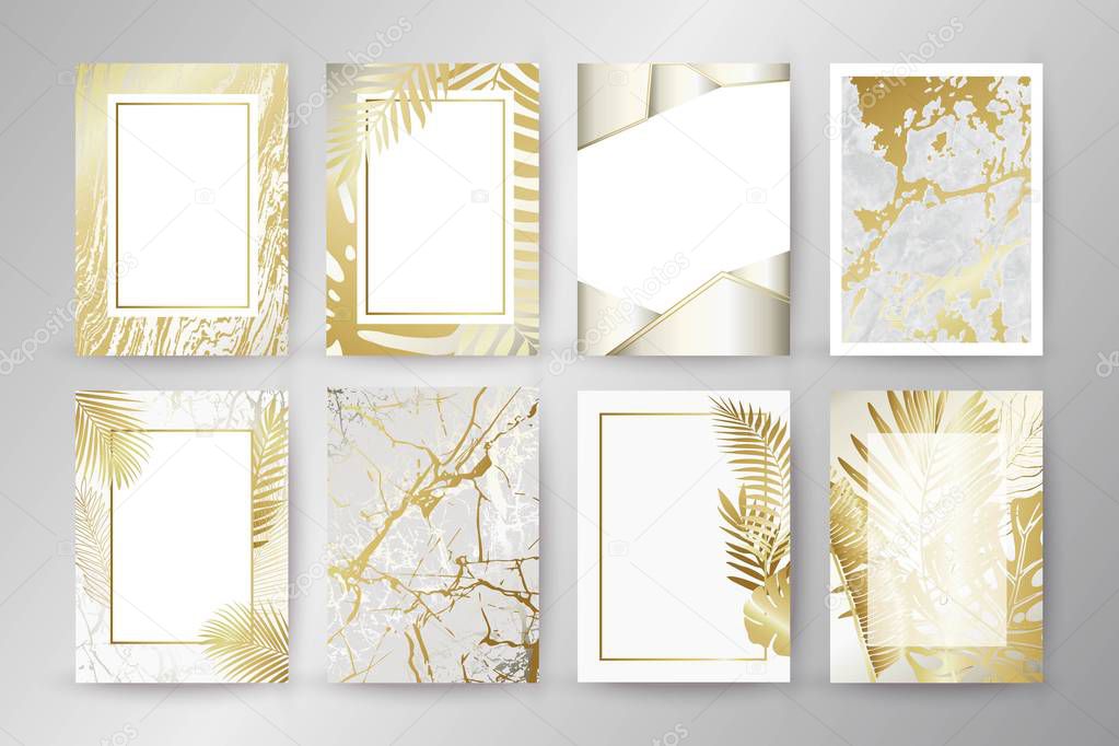 Set of elegant brochure, card, background, cover. Black and golden marble texture. Palm, exotic leaves.