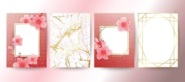 Kaart met kersenbloesems. Geometrische frame. Witte en gouden marmeren textuur. Sakura bloemen. Bruiloft uitnodiging ontwerp. — Stockvector