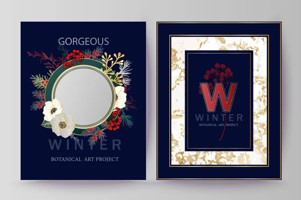 Winterurlaub Hintergrund, Einladung. Hochzeitsmuster Design. Blumenschmuck. Botanischer Rahmen, Spiegel, Komposition. — Stockvektor