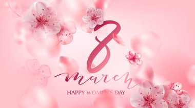 kiraz çiçeği çiçek yaprakları uçan ile 8 Mart vektör çizim. Pembe sakura. Mutlu kadın gün arka plan.