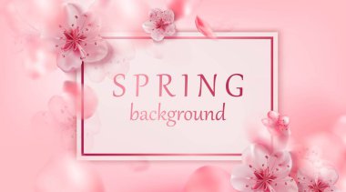 Pembe vektör çizim yaprakları uçan kiraz çiçeği çiçekli bahar. Pembe sakura. Bulanık arka plan