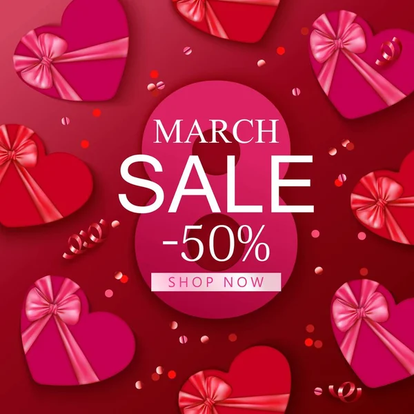 März Verkauf Hintergrund Mit Roten Und Rosa Geschenkboxen — Stockvektor