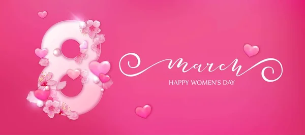 Carte Happy Womens Day Avec Des Fleurs Cerisier Sur Fond — Image vectorielle