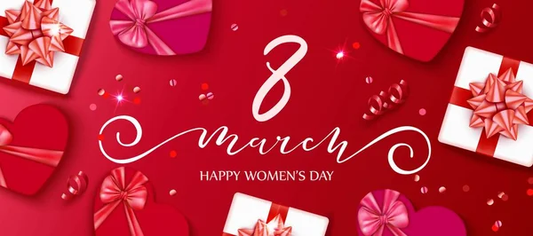Fondo del 8 de marzo con caja de regalo roja y rosa, brillo. Feliz día de las mujeres . — Archivo Imágenes Vectoriales