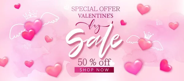 San Valentín fondo venta día con corazones de color rosa, rosas, flores de cerezo. Descuento, plantilla de promoción tienda . — Vector de stock