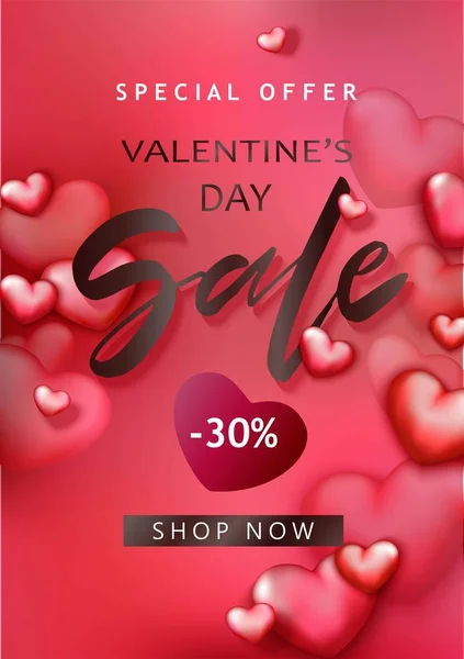 Día de San Valentín fondo venta con corazones rojos y rosados. Descuento, plantilla de promoción tienda . — Vector de stock