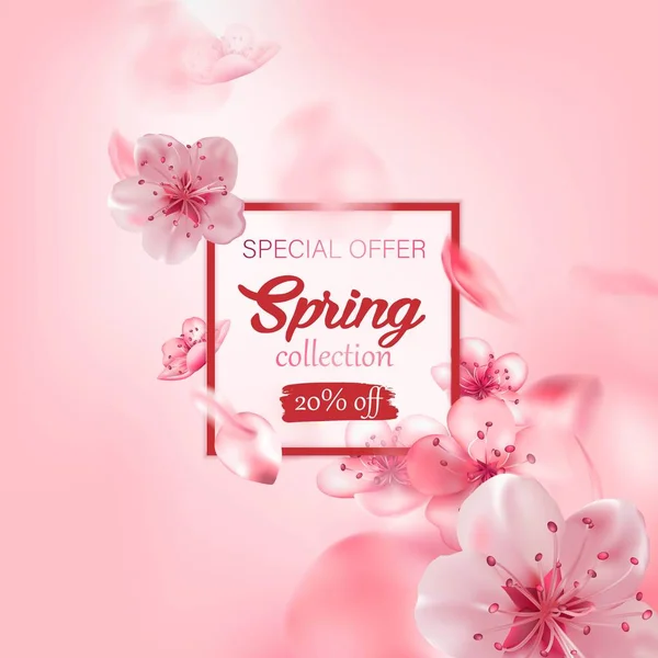 Spring sale vector illustration with cherry blossom flowers, flying petals. Pink sakura. — Stock Vector