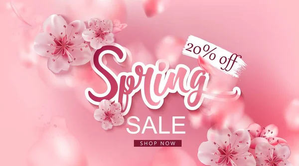 Spring sale vector illustration with cherry blossom flowers, flying petals. Pink sakura. — Stock Vector