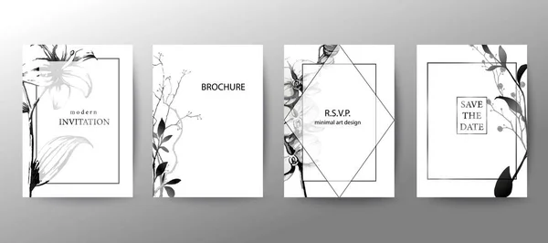 Conjunto de folleto elegante, tarjeta, cubierta. Diseño botánico blanco y negro. Lirios dibujados a mano, orquídeas, hojas . — Vector de stock