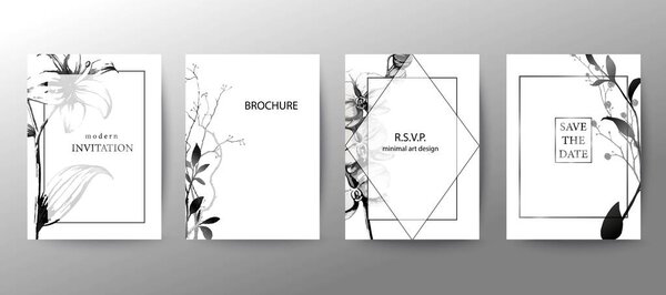 Set of elegant brochure, card, cover. Black and white botanical design. Hand drawn lilies, orchids, leaves.