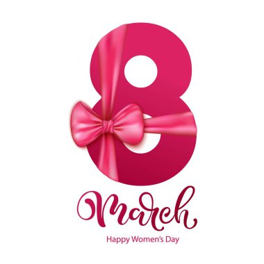 Kırmızı yay ve şerit, mutlu kadın gün vektör tasarımı 8 Mart sayısı.