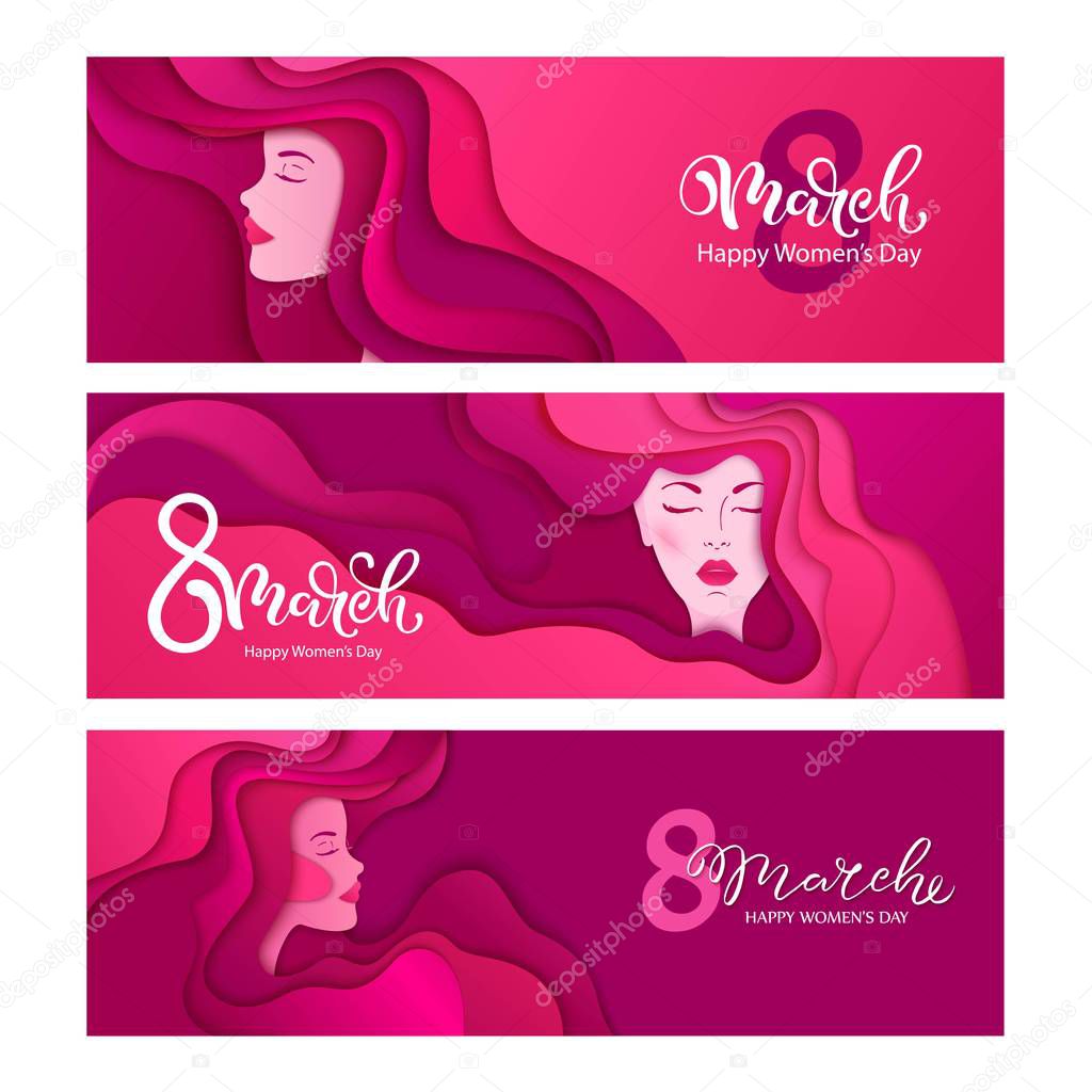 8 March vector illustration. Happy women's day modern design. Woman face with long hair.