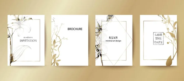 Ensemble de brochure élégante, carte, couverture. Noir et blanc, design botanique doré. Lys dessinés à la main, orchidées, feuilles . — Image vectorielle