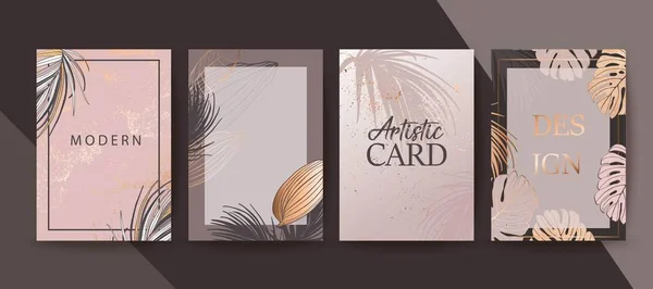 Set van elegante chique brochure, covers, kaarten met exotische Palm bladeren, Rose goud textuur. Bruiloft, opslaan de datum ontwerp. — Stockvector