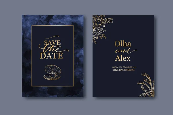 Hochzeitskarten, Einladung. blaue Aquarellwäsche. Handgezeichnete Muscheln mit goldener Textur. — Stockvektor