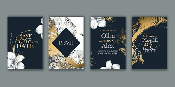 Набір елегантної, шикарної брошури, картки, обкладинки. Чорна, біла і золота мармурова текстура. Ручні намальовані лілії, рослини . — стоковий вектор