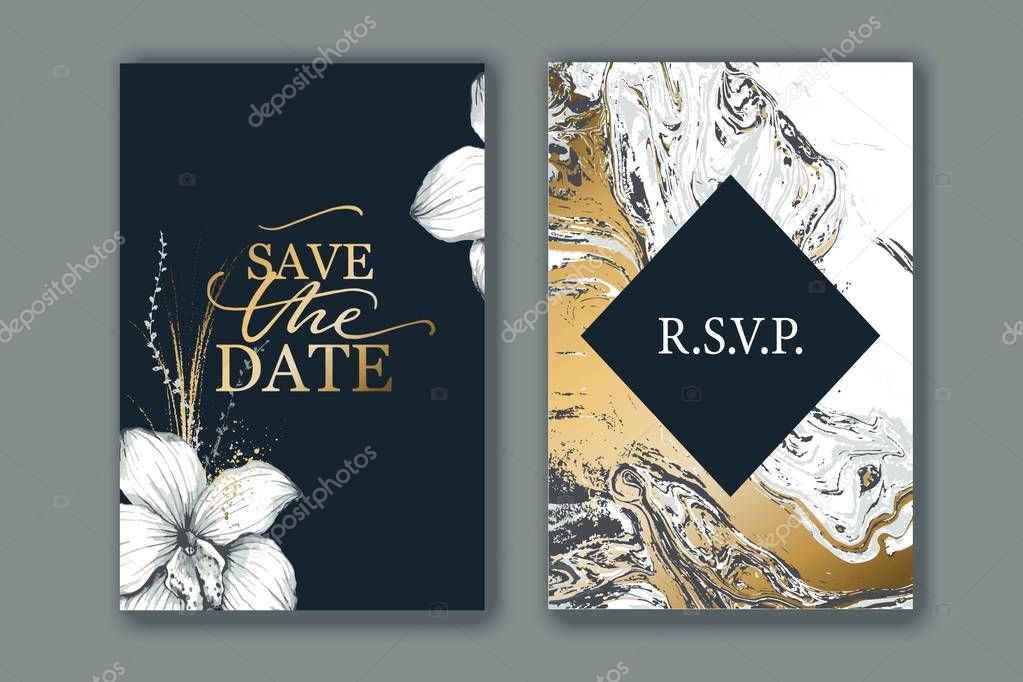 Set of elegant, chic brochure, card, cover. Black, white and gold marble texture. Hand drawn lilies, plants.