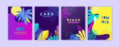 Kart, broşür, yıllık rapor, egzotik palmiye yaprakları ile kapak tasarım şablonları ayarlayın. Yaz modern renkli tasarım. Vektör Illustration.