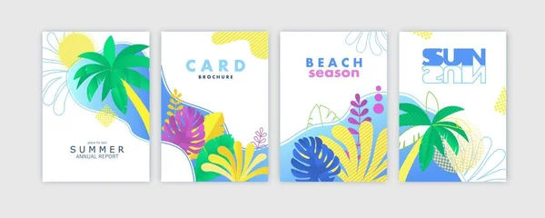 カード、パンフレット、年次報告書、エキゾチックなヤシの葉とカバーデザインテンプレートのセット。夏のモダンなデザイン. — ストックベクタ