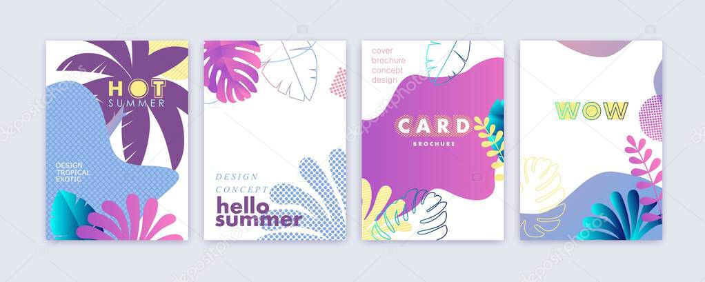 Set of card, brochure, annual report, cover design templates with exotic palm leaves. Summer modern design.