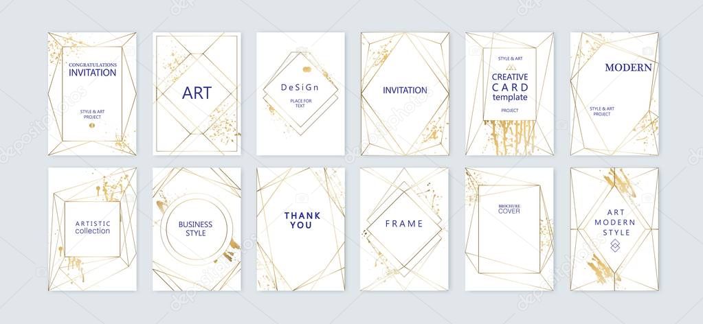 Modern card design. Hand drawn splatters. Gold, white brochure, flyer, invitation template. Business identity style. Geometric shape. Vector.