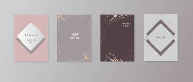 Modern kart tasarımı. El çizimi arka plan. Altın, pembe broşür, el ilanı, davetiye şablonu. İş kimliği tarzı. Geometrik şekil. Vektör.