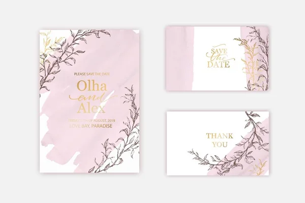 Blush akvarell textur kort. Blommig bröllop inbjudan design. Blek rosa handmålad penseldrag. Tack kort, inbjudan mall. — Stock vektor
