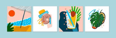 Soyut yaz geçmişleri: plaj, şapkalı kadın yüzü, kokteyl, egzotik yapraklar. Elle çizilmiş renkli karalama şekilleri, sanat kompozisyonları. Çağdaş modern moda tarzı. Vektör.