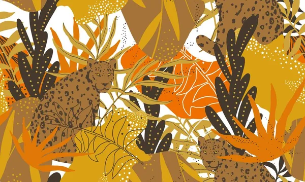 낙엽 이 있는 거미집없는 무늬를 가지고 있는 표범. 정글 끝없는 질감. 천, 벽지, 커버를 위한 프린트. 현대 유행하는 스타일. — 스톡 벡터