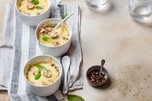 Chicken julienne and mushrooms in portion forms on a light background — Stock Image Chicken Julienne Mushrooms Portion Forms Light Background Stock Picture
