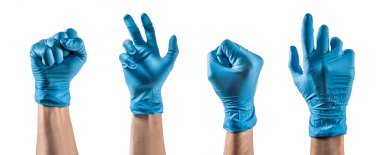 Mavi lateks eldivenli bazı eller farklı jestler yapıyor.