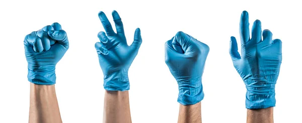 Sommige Handen Met Blauwe Latex Handschoen Maken Verschillende Gebaren — Stockfoto